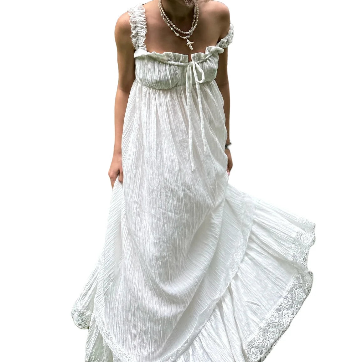 Hnewly  Women White Long Dress Lace Trim Tie-up V Neck Sleeveless Ruffle Loose Tank Dress for Evening Party Club Bohemian Summer