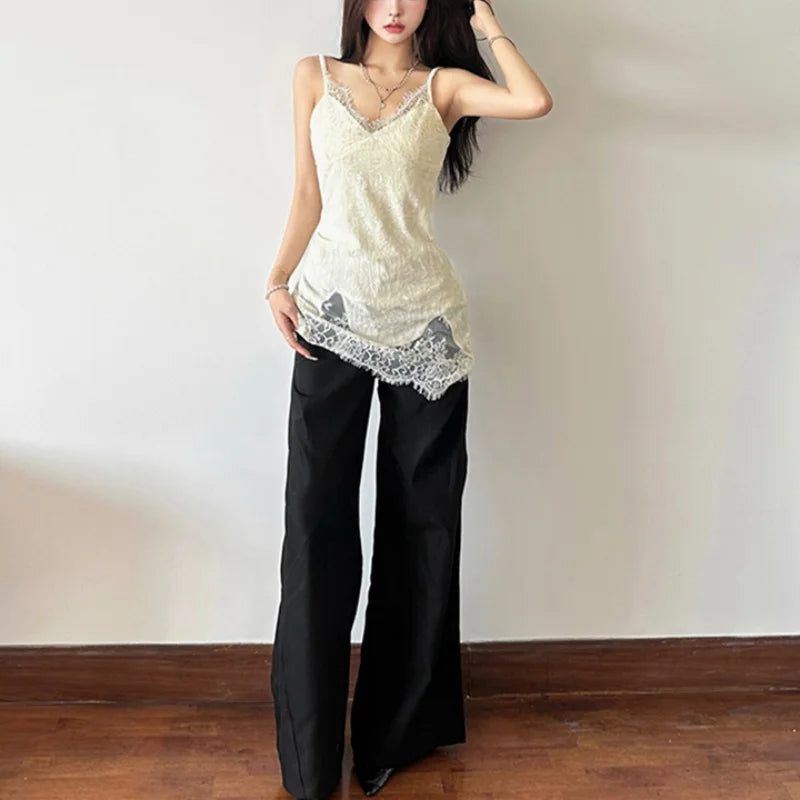 Hnewly y2k Tops Women Coquette Clothing Solid Color V Neck Lace Patchwork Spaghetti Strap Sleeveless Camisole Vest Streetwear
