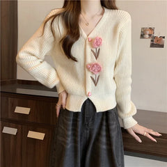 Hnewly  Flower Applique Knit Cardigan Autumn Winter Women Cardigan Sweater Coats Long Sleeve Crop Knitted Jackets Cute Outfit