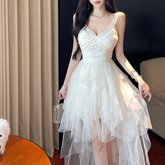 Hnewly  French Style Spaghetti Strp Dress For Women Patchwork Lace Mesh Birthday Party Gril Dress Irregular Princess Dress