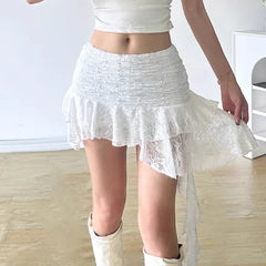 Hnewly  Bohemian Lace Irregular White Skirts Sexy Low-waist Ribbon Skirt for Women Summer New All-match Ruched Faldas Mujer