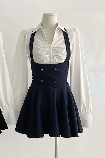 Hnewly 2025 spring fashion trend Korean Women Cropped Coat Long Sleeve Shirt High Waist Halter Ruffles Mini Dress Chic Fashion Sexy Outfits Y2K 3 Piece Set  New