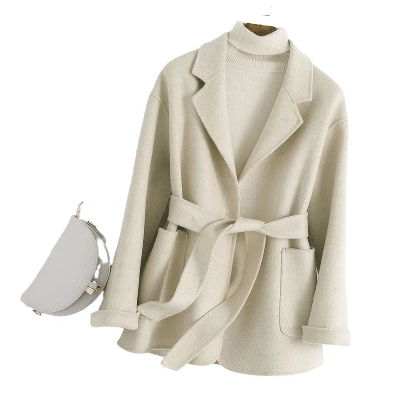 Hnewly Women's Double Sided woolen Jacket, Short, Thick, Korean Fit, Suit Collar, Woolen Coat, Warm, Winter, spring,autumn