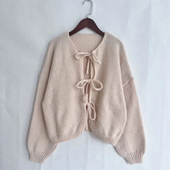 Hnewly  Bow Tie Front Cardigan for Women Long Sleeve Knitted Jacket Sweater Autumn Winter Knitwear Teen-girl Y2K Cute Outfit