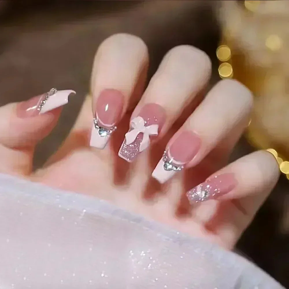 Hnewly 24Pcs False Nails French Gradient Ballet Fake Nails Press on Nails Black Heart Rhinestone Design Glitter Full Cover Nail Tips