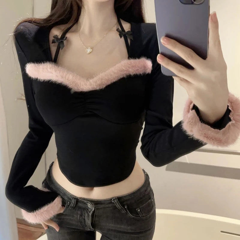 Hnewly Christmas Tops y2k Clothes Women Bow Plush Patchwork Halter Neck Long Sleeve Cropped T Shirt 2000s Clothing Streetwear