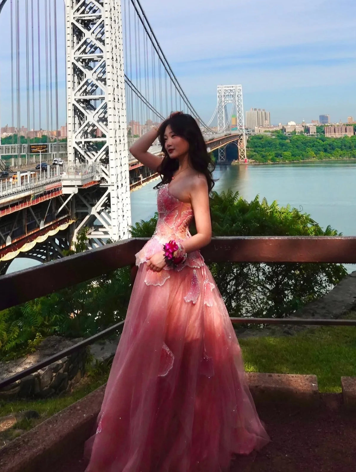 Hnewly  3D Butterfly Petal Crystal Embellished Gown Strapless Dusty Rose Flowy Tulle Skirt Elegant Outdoor Prom Gala Dre