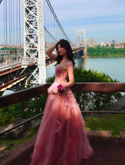 Hnewly  3D Butterfly Petal Crystal Embellished Gown Strapless Dusty Rose Flowy Tulle Skirt Elegant Outdoor Prom Gala Dre
