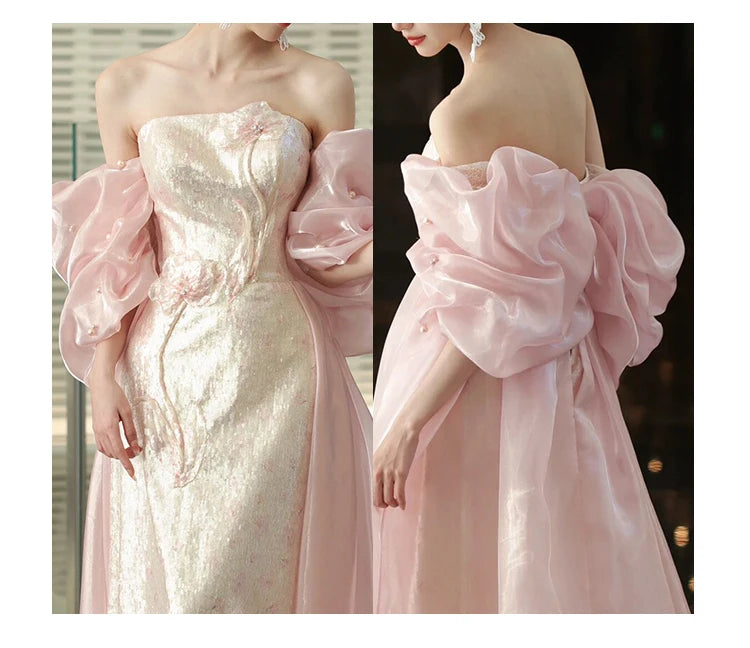Hnewly  Morning gown pink cabinet banquet dress light luxury chest wipe art test style toasting
