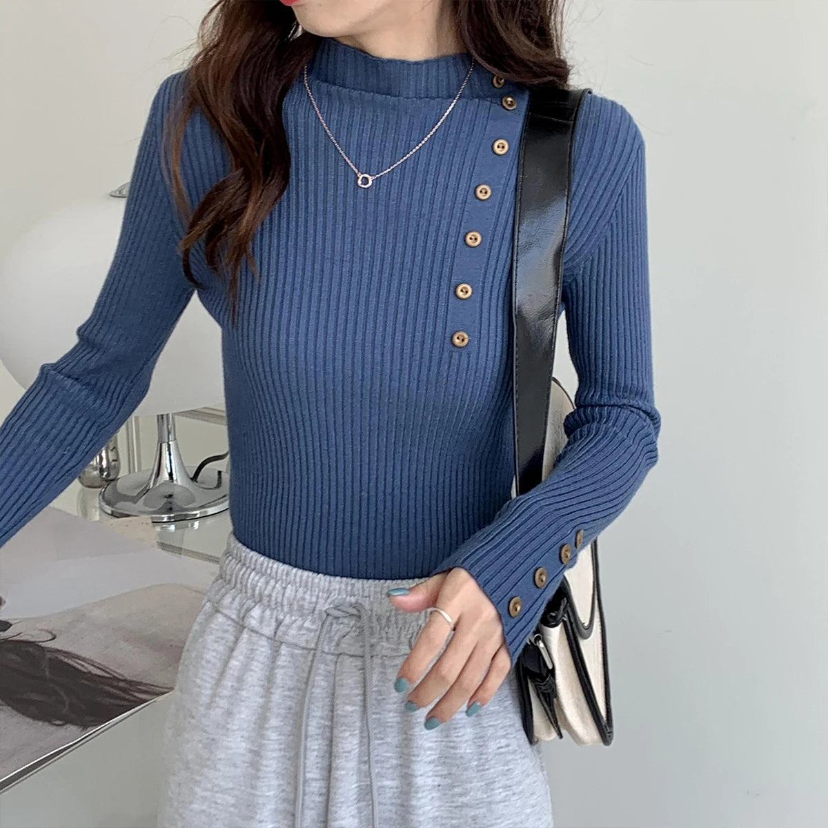 Hnewly  Rib Knit Top Mock Neck Long Sleeve Slim Fitted Sweater Mockneck Pullovers Women Plain Jumper Teen-girl Fall Winter Outfit