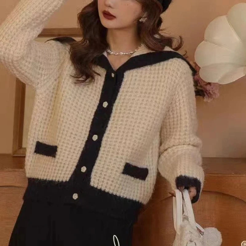 Hnewly  Sailor Collar Sweater Cardigan for Women Soft Waffle Knit Button Front Sweater Jacket Teen-girl Fall Winter Classic Chic Outfit