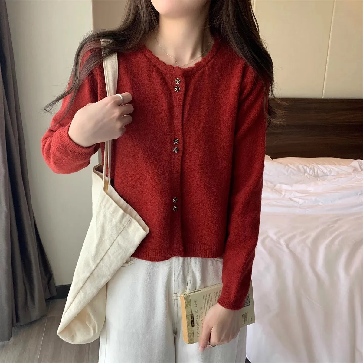 Hnewly  Sweet Short Hollowed Out Sweater Chic Buttons Long Sleeved Knitted  Cardigan Jacket Korean series Round Neck Loose Top