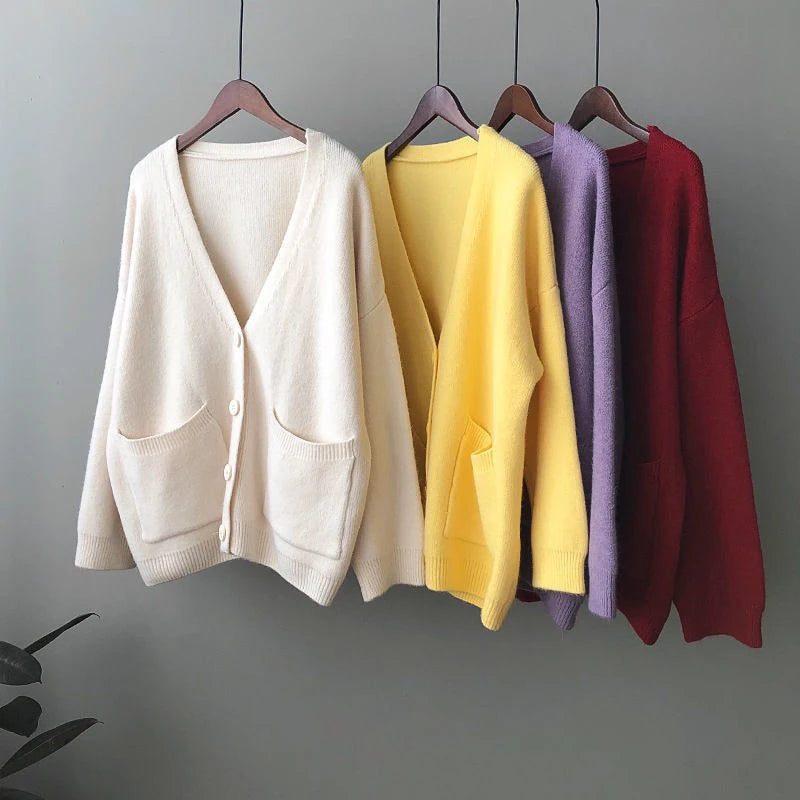 Hnewly Women Cardigan Sweater y2k Clothes Solid Color V Neck Single Breasted Long Sleeve Knitted Tops with Pockets Streetwear