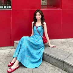Hnewly  Blue Floral Print Halter Dress Women's Summer New Unique Beautiful Waist-Cinched Long Dress Vacation Style Elegant