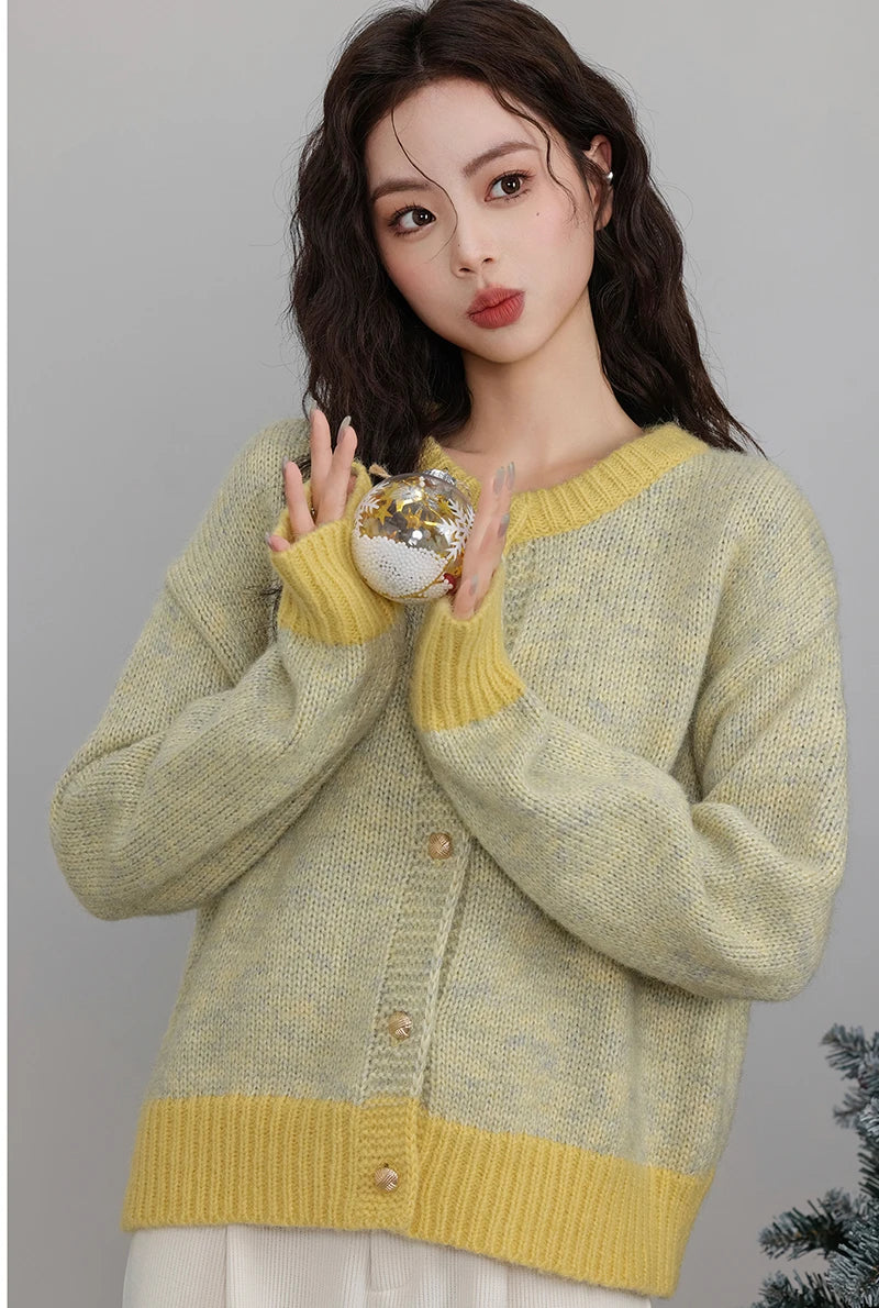 Hnewly Single-breasted Cardigan Long Sleeve Patchwork Knitted Sweater O-Neck Casual Warm Coat Office Outerwear Autumn Winter