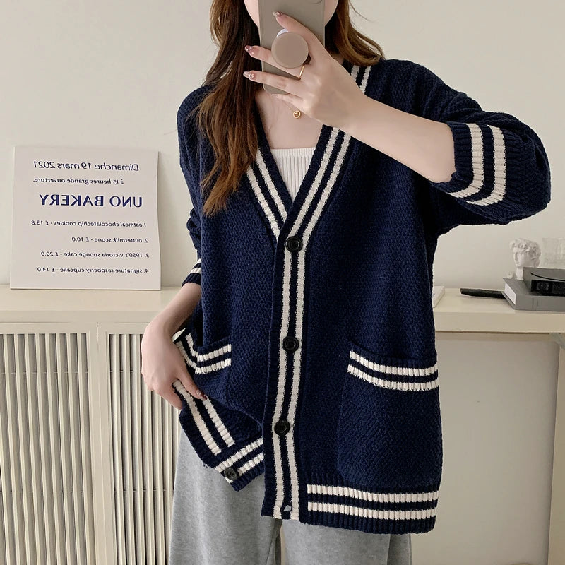 Hnewly  Women Cardigan Sweater Varsity Striped Front Pocket Long Sleeve Button-up Knit Sweater Jacket College Student Girl Preppy Style