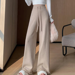 Hnewly  Fashion Tassel Edge Knitted Pants for Women Loose Wide Leg Pants Woman Autumn Winter Drawstring High Waist Baggy Strousers Lady