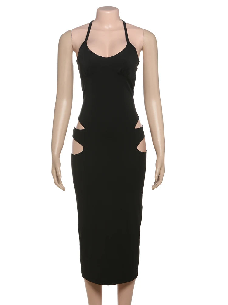 Hnewly  Irregular Hollow Dress Women Sexy Halter Low-Neck Backless Sleeveless Robe Midnight Club Party Fashion Long Bodycon