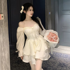 Hnewly Summer Fashion Sweet Cake White Short Dresses Femme High Waist Long Sleeves Dress Fairy Elegant Lace Evening Dresses for Women
