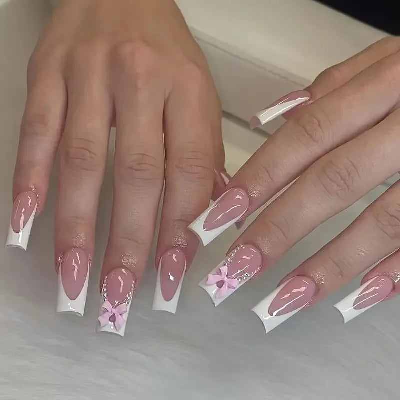 Hnewly Pink French Style Fake Nails 3D Bowknot Designs Short Square Press on Nails Sweet Korean Fashion False Nails for Women and Girls