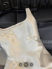 Hnewly  Women Elegant Mini Dress Satin Bow Decor Sleeveless Square Neck Slim Fit Suit French Style Party Club Night Summer Outfit