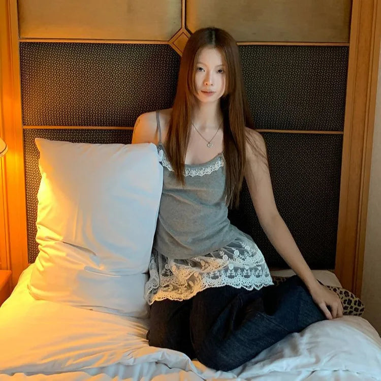 Hnewly Fashion White Lace Splice Sleeveless Camisole Tank Top Spring Autumn New Design Women's Cami Vest