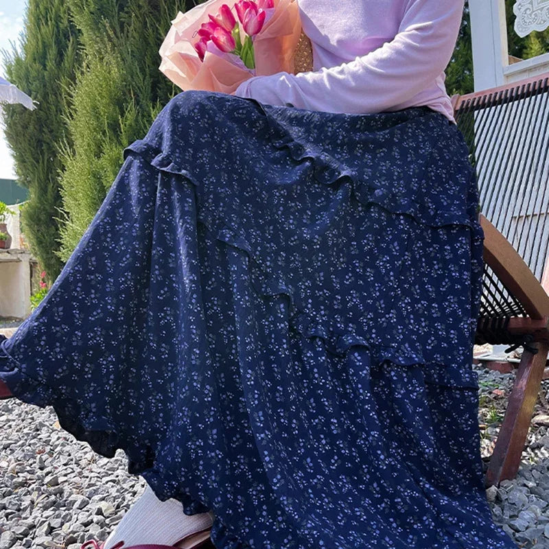 Hnewly  Korean Style Printed Long Skirts for Women Sweet High Waist A Line Skirts Woman Fashion Patchwork Ruffles Maxi Skirt Ladies
