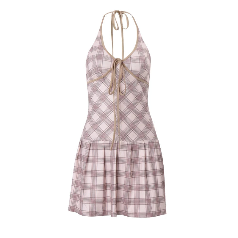 Hnewly Fashion Plaid Halter Dress Y2K Women High-waist Lace-up V-Neck Sleeveless Mini Dresses Sexy Summer Party Club Vestidos
