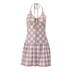 Hnewly Fashion Plaid Halter Dress Y2K Women High-waist Lace-up V-Neck Sleeveless Mini Dresses Sexy Summer Party Club Vestidos