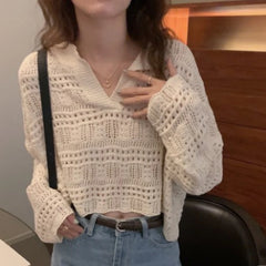 Hnewly  Sheer Pointelle Knit Sweater for Women Long Sleeve V-Neck Crop Knit Top Pullover Teen-girl Spring Autumn Y2K Outfit