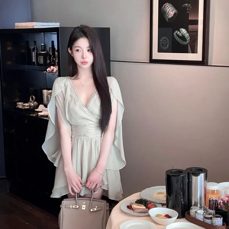 Hnewly  Woman Dress Rhinestone V Neck Ruffles Summer Fashion Sweet Solid Elegant Temperament Mini Dresses Female Casual Chic