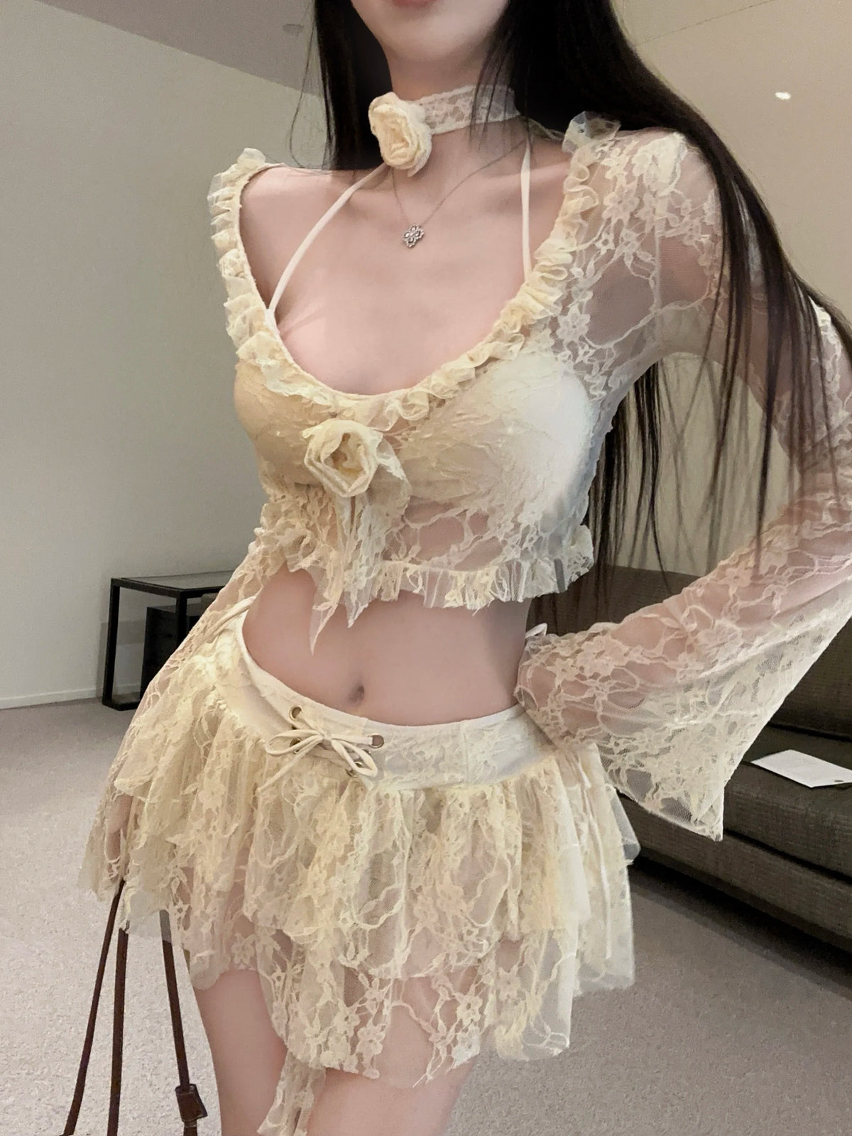 Hnewly  Pure Desire Sweet Lace Trim Bikini Set Vaion Travel Sexy Skirt Separate Swimwear Polyester Fabric Long Sve V Ne