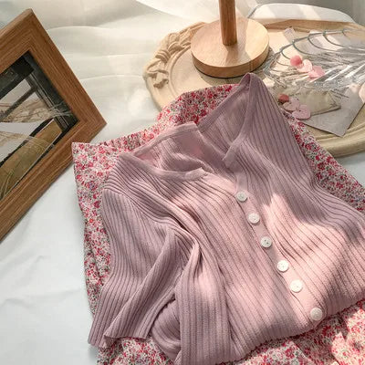 Hnewly  Knitted Short Sleeved T-shirt Sweater Women Spring  Summer 2025 Thin Loose V-neck Single Breasted Top Solid Short Cardigan Coat