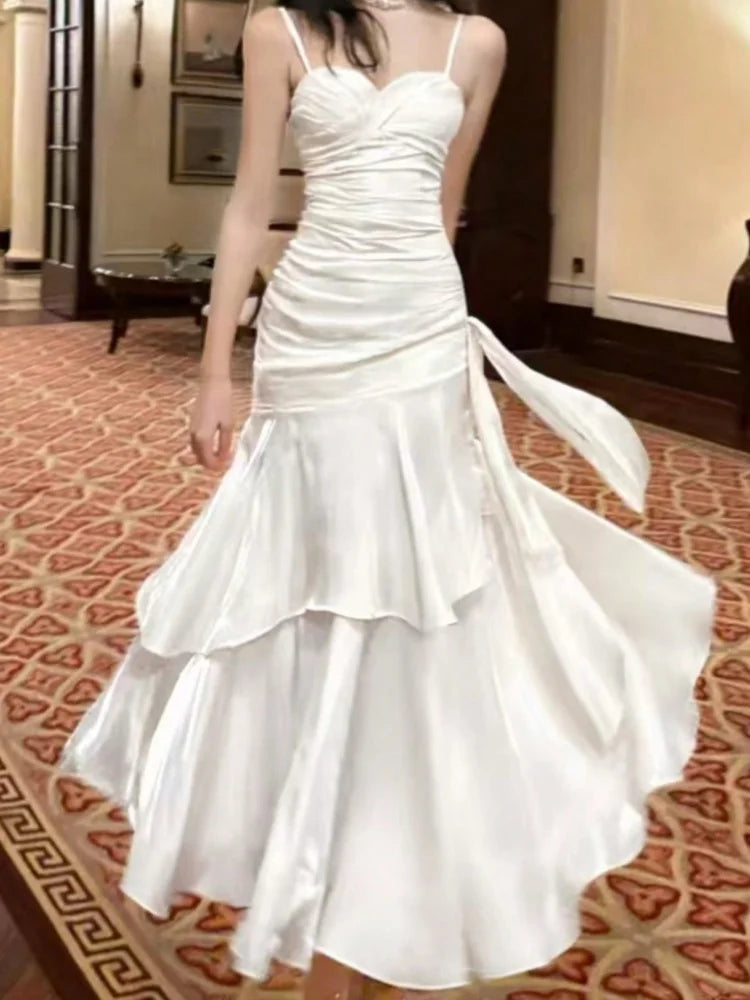 Hnewly Women Elegant Spaghetti Straps Ruffles Graduation Party Dress Slim Waist Wedding Bridesmaid Dresses Festival Formal Clothes New