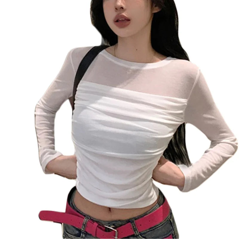 Hnewly Mesh Top y2k Clothing Women Sheer See Through Round Neck Long Sleeve Ruched T Shirt 2000s Aesthetic Clothes Streetwear
