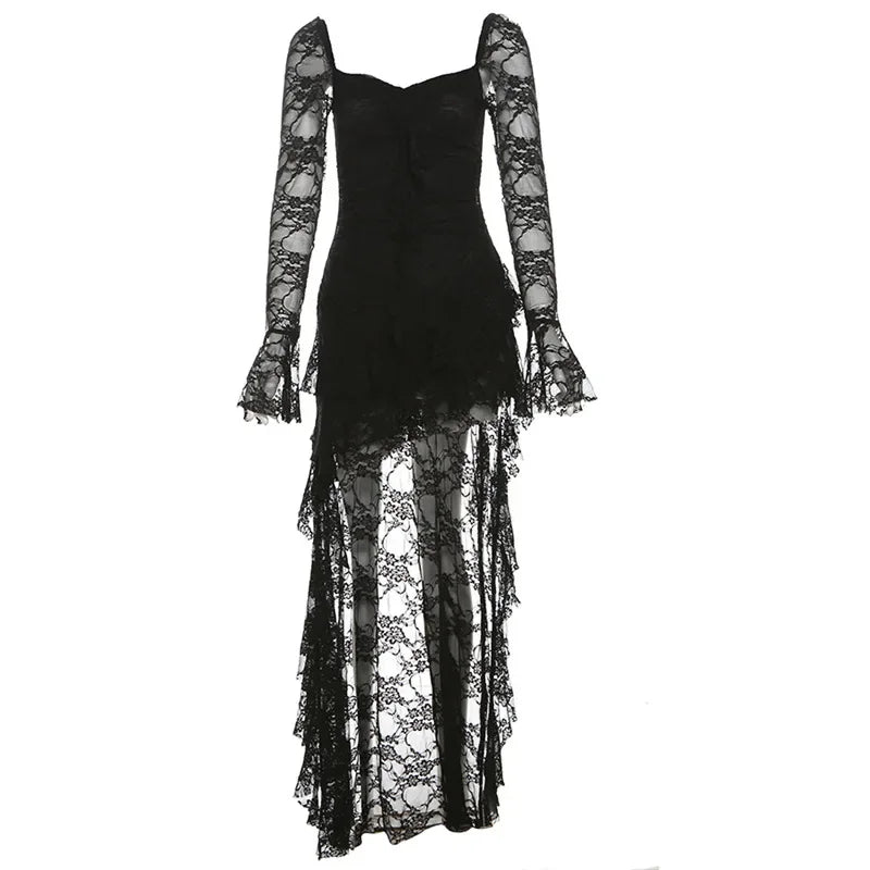 Hnewly  Fairycore Lace Flare Sleeve Square Neck A-line Dress Sweet E-girl Irregular Long Hem Dresses Cyber Y2K Party Vestido