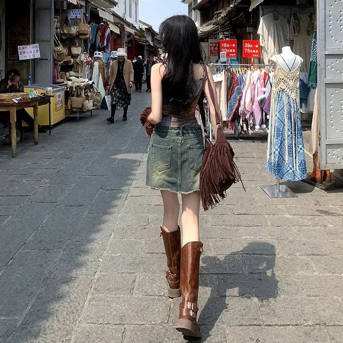 Hnewly 2000s Vintage Y2k Crop Top Women Casual Print Camisole Shirts Sexy Bodycon Slim Fit Outwear Fashion Chic Tank Top Vest Beach