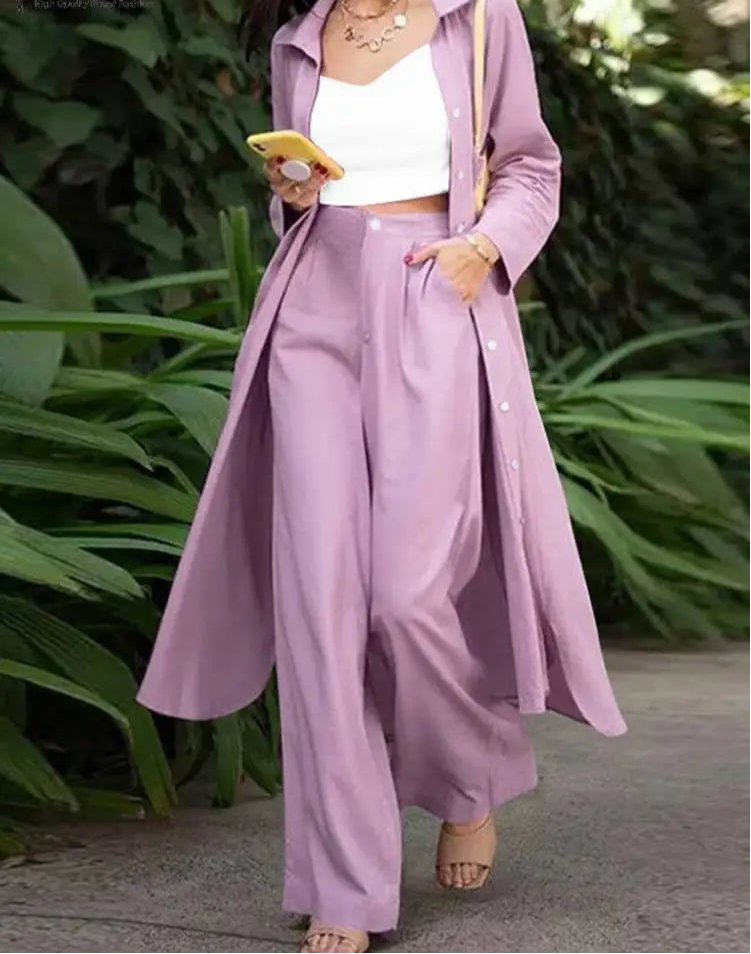 Hnewly Elegant Matching Sets Women Long Sleeve Split Shirt Casual Lapel Button Blouses Wide Leg Trousers Tracksuit Outifits