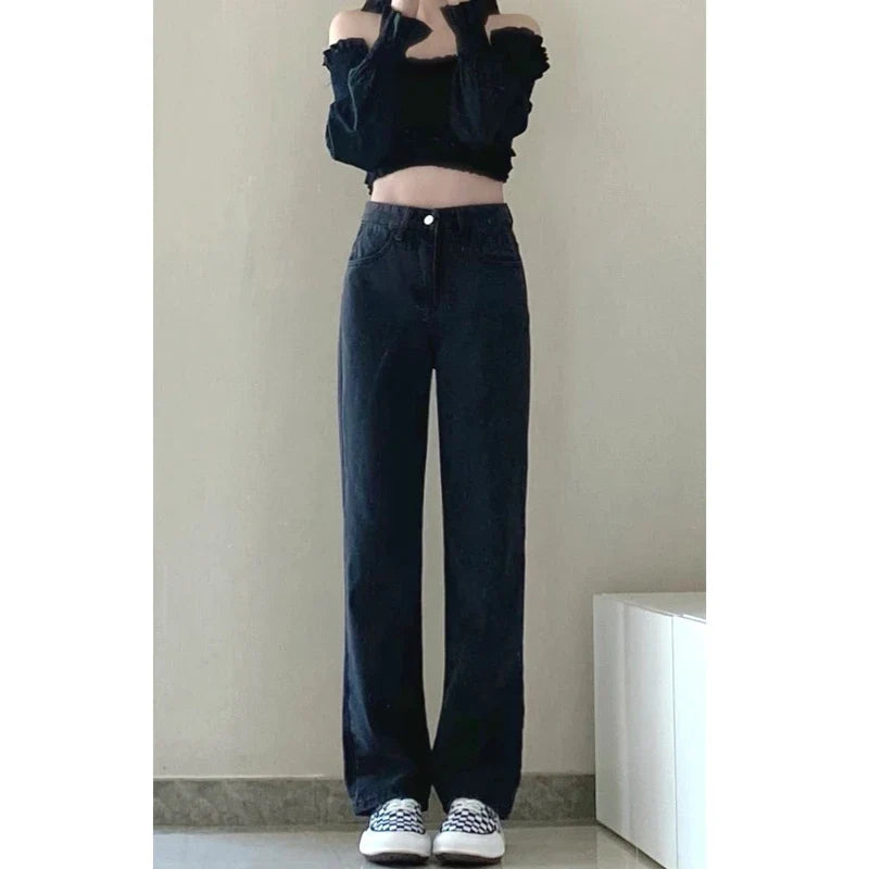 Lunivop  Black High Waist Straight Leg Jeans Women's Spring New Versatile Slimming Loose Floor-Length Wide Leg Pants Cleanfit Style