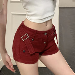 Hnewly  Summer Red Slim Hot Mini Shorts Women Streetwear Belt Buckle Tight Shorts Woman High Waist Y2K Dance Short Pants Female