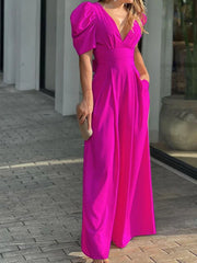 Hnewly  Women New Solid Lime Green Jumpsuit Chic Deep V Neck Puff Sleeve Wide Leg High Waist Outfit Fashion Party Wear Jumpsuits