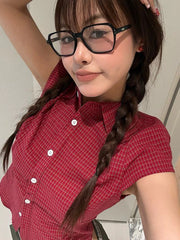 Hnewly Pure Cotton Red Plaid Shirt Women Slim Sexy Cropped Short Sleeve Y2K Blouse Vintage American Streetwear Female Summer Tops