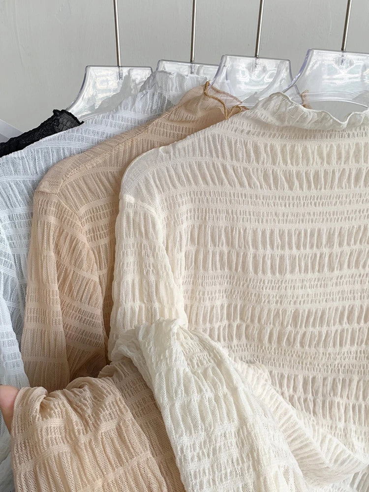 Hnewly Women T-Shirts Vintage Pleat Long SleeveTop Spring Autumn Mesh Fabric Lace Half Turtleneck Korean Fashion All-match Shirt