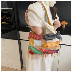 Hnewly  Cute Fringe Splicing Handbag Outdoor Knitted Tote Bag With Yarn Personality Shoulder Bag for Women Large Capacity Fashionable