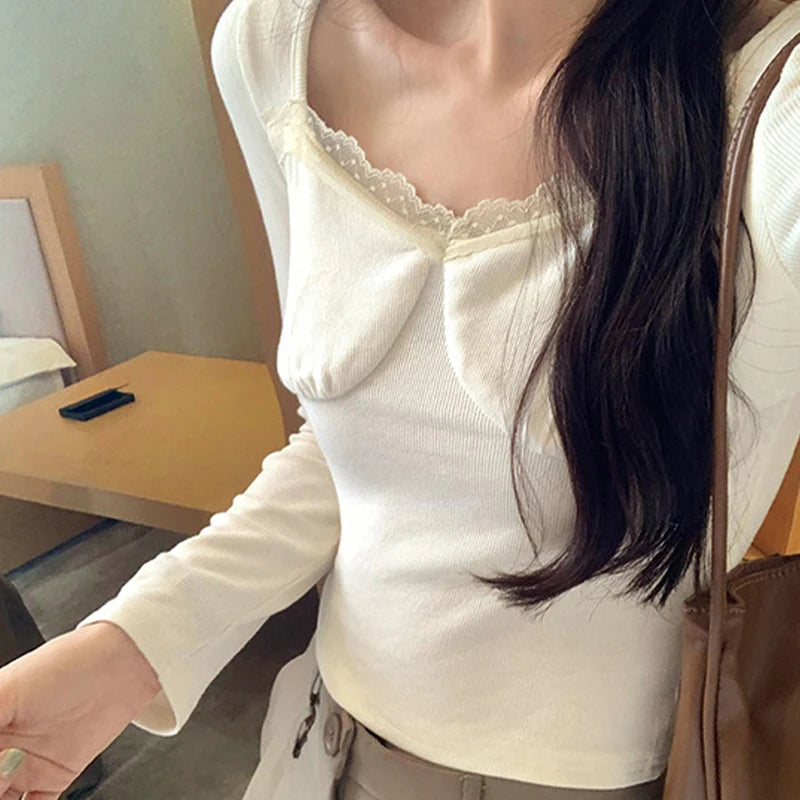 Hnewly spring birthday outfit y2k Fairycore Top Women Fashion Clothes Lace Trim V Neck Long Sleeve Ribbed T Shirt 2000s Coquette Clothing Streetwear