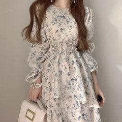 Hnewly  Bohemian Floral Print Dresses Women Fashion Korean Puff Sleeve Midi Dress Elegant Belted Layered Ruffled Hem Vestidos