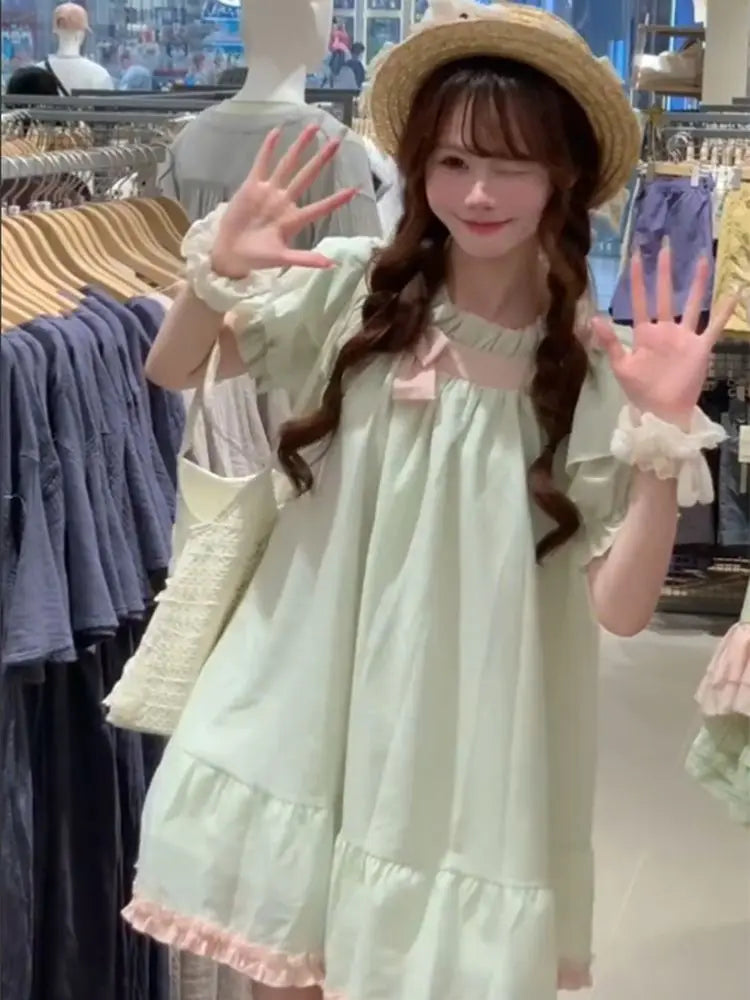 Hnewly  Mini Dresses Women Sweet Bow Ruffles Patchwork Puff Short Sleeve Summer Fashion Casual Party Dress Princess Casual