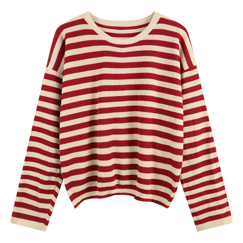 Hnewly  Women's Striped T-shirt Basic Tops Spring Autumn Fashion Color Contrast Loose O-neck Long Sleeve knitting Sweater