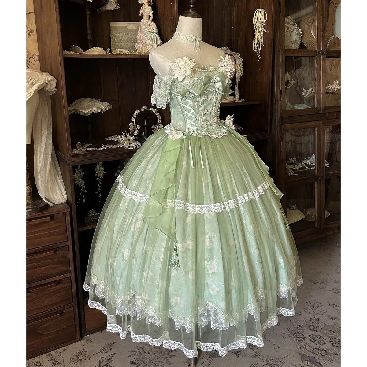 Hnewly  Summer New Women's Pink Green Flower Bow Slim Long Lolita Dress Coming-of-Age Birthday Banquet Princess Evening Dress