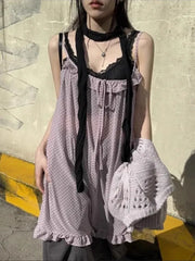 Hnewly  Harajuku Japanese Style Tank Tops Women Vintage Polka Dot Ruffle Sleeveless Mesh Dress Sexy See-through Layered Wear